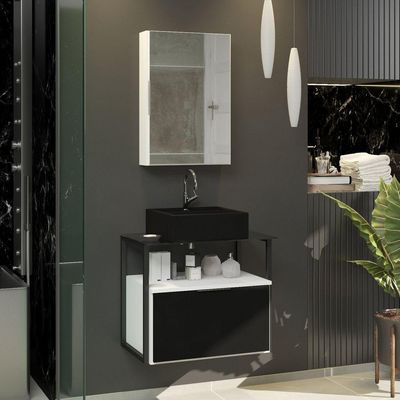 Conjunto Gabinete Urbe 60cm Branco Preto Tampo Preto Cuba Preto