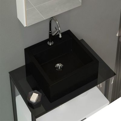 Conjunto Gabinete Urbe 60cm Branco Preto Tampo Preto Cuba Preto