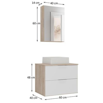 Conjunto Gabinete Banheiro Rubi 60cm Gabinete + Cuba + Espelheira Madeirado Branco