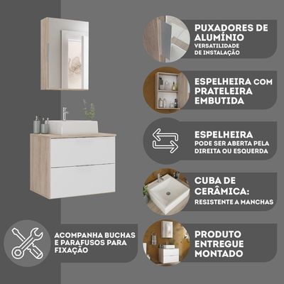 Conjunto Gabinete Banheiro Rubi 60cm Gabinete + Cuba + Espelheira Madeirado Branco