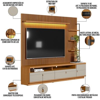 Rack Para Sala com Painel Ripado Para TV 75 Pol 224cm Orizon L05 Nature Off White - Lyam Decor