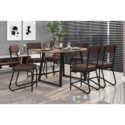 Conjunto de Mesa Retangular com Tampo de MDP Amadeirado Atlanta e 6 Cadeiras Nagóia Revestimento Sintético Marrom e Preto