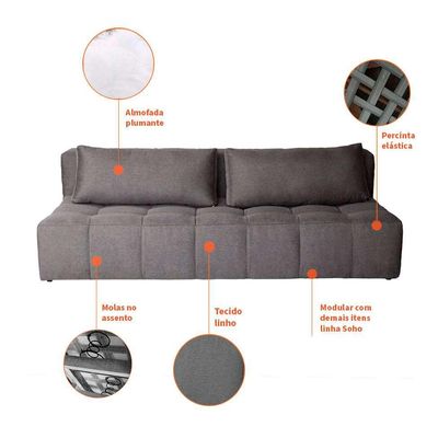 Sofá Modular 3 Lugares com Puff Soho Linho Grafite