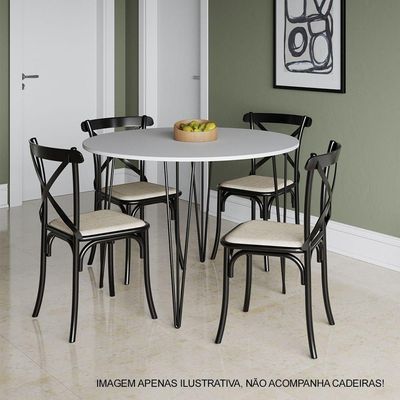 Mesa Jantar Redonda Branca Hairpin 90cm Elen Base Ferro Preto Branco