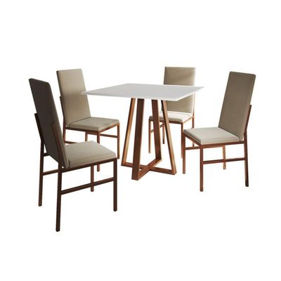 Conjunto De Jantar Mesa Mônaco Premium 90cm Branca Com 4 Cadeiras Estofadas Bege Base Cobre Preto