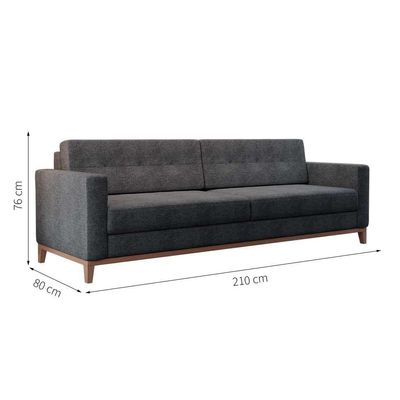 Sofá 3 Lugares Living Base de Madeira Linho Cotton Grafite 210cm