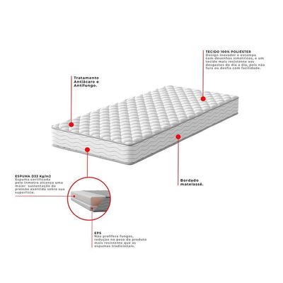 Cama Box com Colchão Viúva Howie Espuma D33 (17x128x188) Branco e Cinza