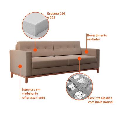Sofá 3 Lugares Living Pés e Base em Madeira Linho Cotton Bege 180 cm