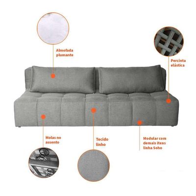 Sofá 3 Lugares Modular Soho Linho Cinza