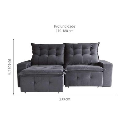 Sofá 3 Lugares Retrátil e Reclinável França Suede Cinza