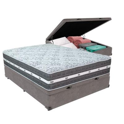 Cama Box Baú Cinza E Colchão Black Graphite Molas Ensacadas Casal 138x188x27 Anjos