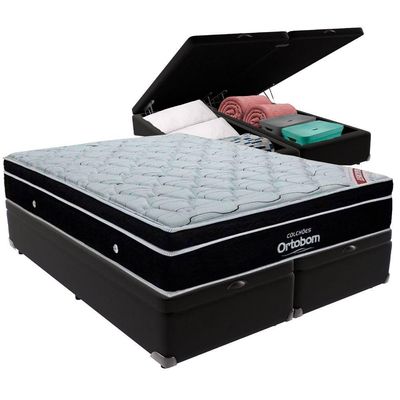Cama Box Baú Preto E Colchão Elegant Molas Ensacadas King Ortobom