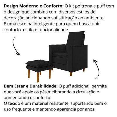 Poltrona Amamentação Confortável Com Puff Ayla Suede preto