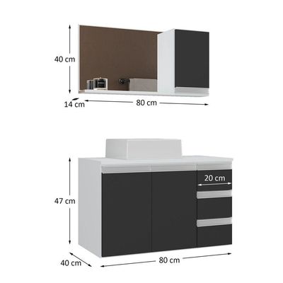 Conjunto Gabinete Banheiro Prisma 80cm Gabinete + Cuba + Espelheira Com Vidro Branco Preto