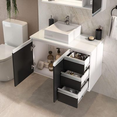 Conjunto Gabinete Banheiro Prisma 80cm Gabinete + Cuba + Espelheira Com Vidro Branco Preto