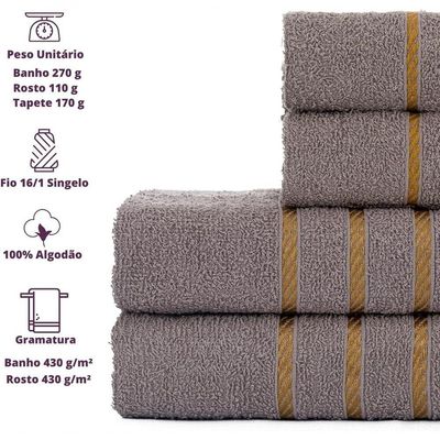 Jogo De Toalha Montreal Banho + Rosto Dourado 100% Algodão Alta Absorção Cinza