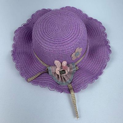 Chapéu De Palha Sintética Infantil Moda Praia Com Coelhinho Com Elástico lilas