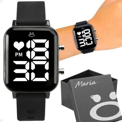 Relogio Feminino Digital Quadrado Aço Inox Led Caixa