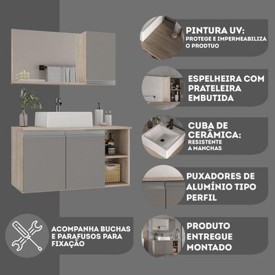 Conjunto Gabinete Banheiro Virtus 80cm - Gabinete + Cuba + Espelheira Madeirado Cinza