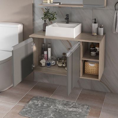 Conjunto Gabinete Banheiro Virtus 80cm - Gabinete + Cuba + Espelheira Madeirado Cinza