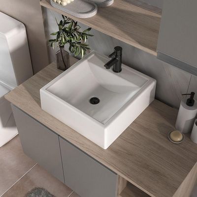 Conjunto Gabinete Banheiro Virtus 80cm - Gabinete + Cuba + Espelheira Madeirado Cinza