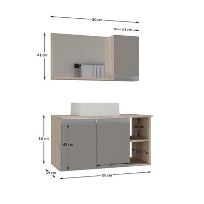Conjunto Gabinete Banheiro Virtus 80cm - Gabinete + Cuba + Espelheira Madeirado Cinza