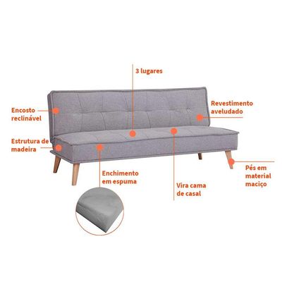 Sofá-Cama 3 Lugares Casal Venice Cinza