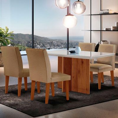 Mesa Olimpia 120 Mdf Vidro Canto Reto Com 4 Cadeiras