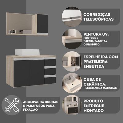 Conjunto Gabinete Banheiro Prisma 80cm Gabinete + Cuba + Espelheira Madeirado Preto