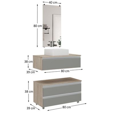 Conjunto De Gabinete Banheiro Creta 80cm (gabinete+cuba+espelheira) Madeirado Cinza