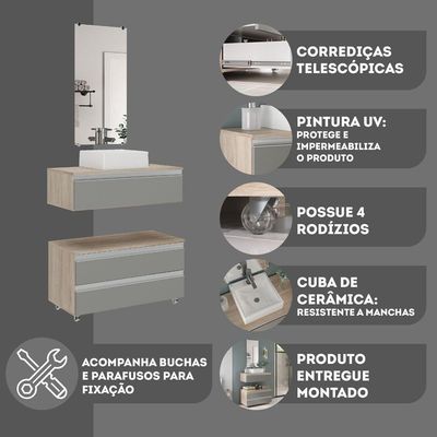 Conjunto De Gabinete Banheiro Creta 80cm (gabinete+cuba+espelheira) Madeirado Cinza