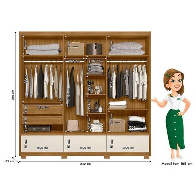 Guarda Roupa Casal Grande com Ripado e Espelho 240x230cm Amazonas Moval Freijó Off White