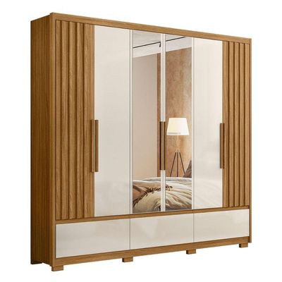 Guarda Roupa Casal Grande com Ripado e Espelho 240x230cm Amazonas Moval Freijó Off White