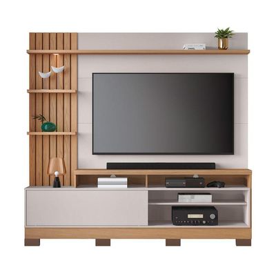 Estante Home 200 Cm com Pés Ripado Lateral Spot de Led Para TV Até 65' Maceio Freijó Off White