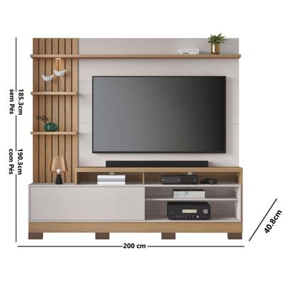 Estante Home 200 Cm com Pés Ripado Lateral Spot de Led Para TV Até 65' Maceio Freijó Off White