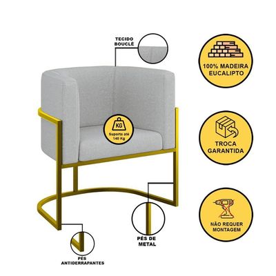 Cadeira Poltrona Lua Bouclê Base De Metal Dourada Reforçada Cinza