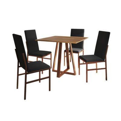 Conjunto De Jantar Mesa Mônaco Premium 90cm Imbuia Com 4 Cadeiras Estofadas Pretas Base Cobre Preto