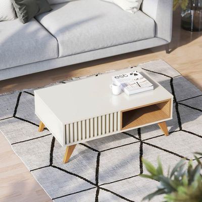 Mesa de Centro Ripado 90x35cm Jeri Colibri Off White Freijó