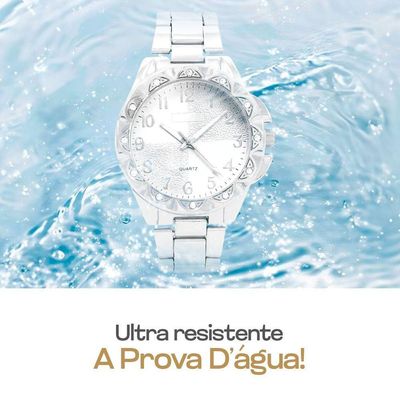 Relogio Aço Feminino Prata + Caixa + Brincos Colar Strass Social Original Inoxidável Ponteiro Casual