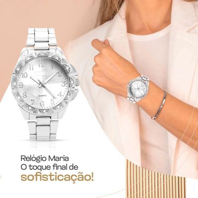 Relogio Aço Feminino Prata + Caixa + Brincos Colar Strass Social Original Inoxidável Ponteiro Casual