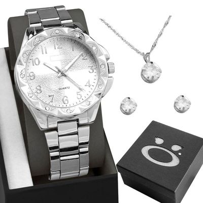 Relogio Aço Feminino Prata + Caixa + Brincos Colar Strass Social Original Inoxidável Ponteiro Casual
