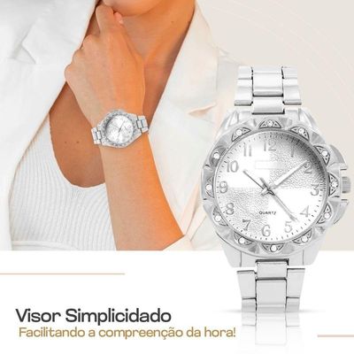 Relogio Aço Feminino Prata + Caixa + Brincos Colar Strass Social Original Inoxidável Ponteiro Casual