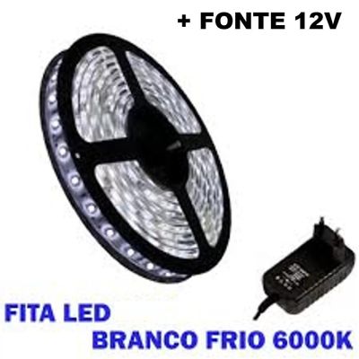 Kit Fita Led Branco Frio 6000K 5 Metros + Fonte Energia 12V