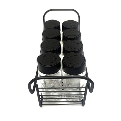 Porta Tempero Condimento 8 Potes Vidro Tampa Dosadora Suporte Preto Organização Cozinha