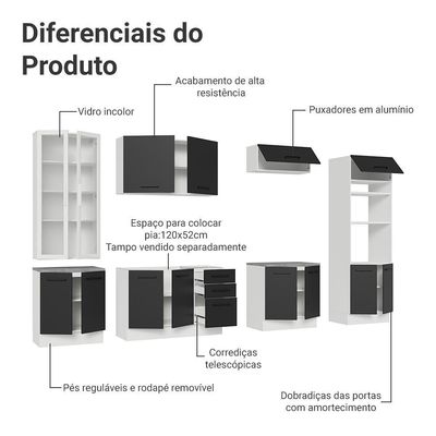 Armário De Cozinha Completa 340cm Branco/preto Agata Madesa 01 Branco/preto
