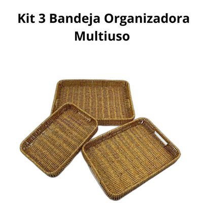Kit 3 Bandejas Organizadora Multiuso Retangular Cesto Para Servir Café Frios Petisco marfim