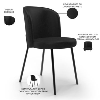 Kit 3 Cadeiras Sala de Jantar Estofada Gavi L02 Couríssimo Preto - Lyam Decor