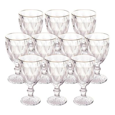 Jogo 10 Taças De Vidro Com Borda Dourada Diamond Cor Transparente água 300ml Class Home