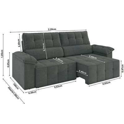 Sofá Retrátil/Reclinável 3 Lugares 2,20m  Cinza Luizzi