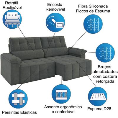 Sofá Retrátil/Reclinável 3 Lugares 2,20m  Cinza Luizzi